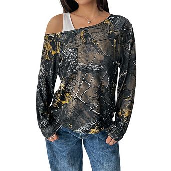 Women's Camo T-Shirts Long Sleeve Cold Shoulder Loose Tee Vintage Shirts