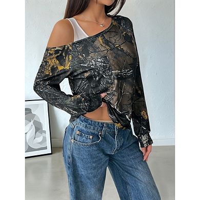 Women's Camo T-Shirts Long Sleeve Cold Shoulder Loose Tee Vintage Shirts