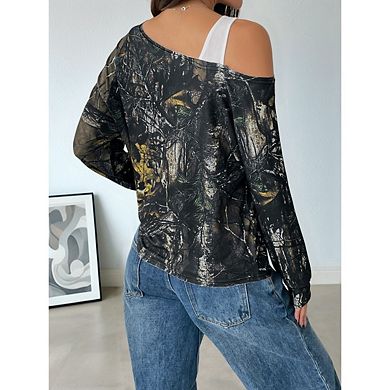 Women's Camo T-Shirts Long Sleeve Cold Shoulder Loose Tee Vintage Shirts