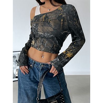 Women's Camo T-Shirts Long Sleeve Cold Shoulder Loose Tee Vintage Shirts