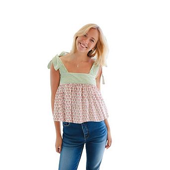 Women's Boho Floral Tops Summer Cottagecore Striped Flowy Smocked Spaghetti Strap Tie Blouse