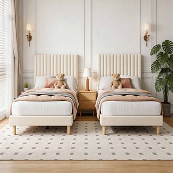 Set of 2 Velvet Platform Beds with Adjustable Channel Tufted Headboard 800 lbs Capacity