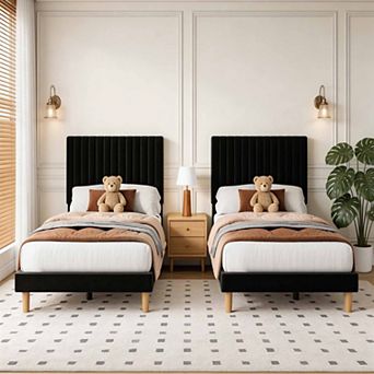 Set of 2 Velvet Platform Beds with Adjustable Channel Tufted Headboard 800 lbs Capacity