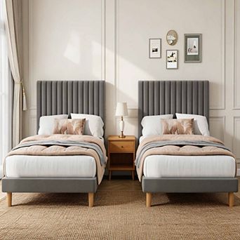 Set of 2 Velvet Platform Beds with Adjustable Channel Tufted Headboard 800 lbs Capacity