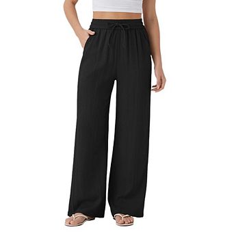 Women's Drawstring Waist Wide Leg Pants Casual Loose Flowy Trousers with Pockets