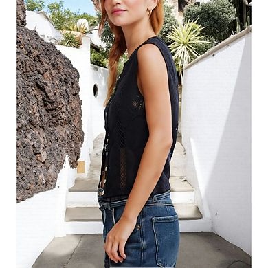 Women's Crew Neck Knit Tank Tops Lace Patch Hollow Out Solid Color Button Down Top
