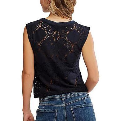 Women's Crew Neck Knit Tank Tops Lace Patch Hollow Out Solid Color Button Down Top
