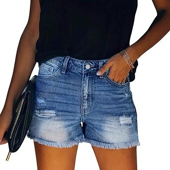 Women's Casual Denim Shorts Mid Waisted Stretchy Ripped Jean Shorts with Pockets