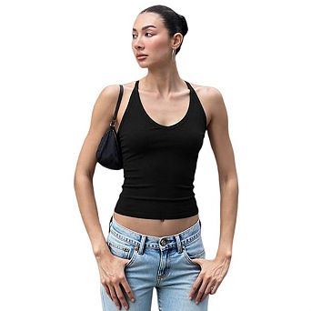 Women V Neck Tank Top Ribbed Long Tank Fitted Basic Cami Tops