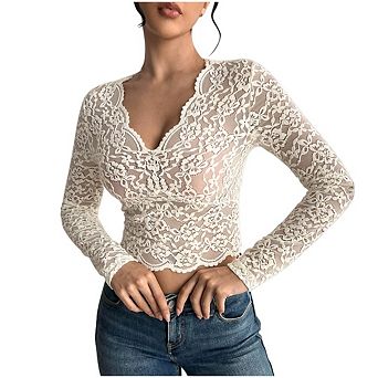 Women V-Neck Lace Long Sleeve Tops Floral Embroidery Mesh Outfits Slim Fit See Through Tops