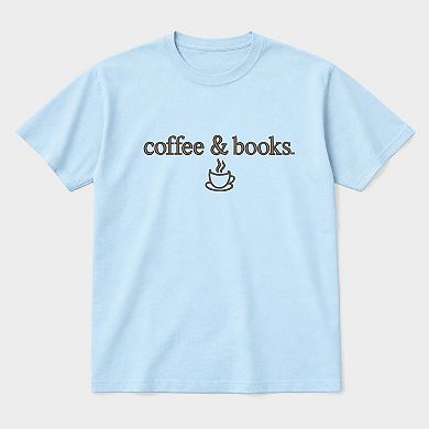 Embroidered Coffee & Books - Women's Plus Sized Garment Dyed Graphic T-Shirt