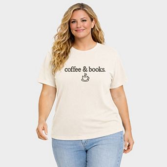 Embroidered Coffee & Books - Women's Plus Sized Garment Dyed Graphic T-Shirt