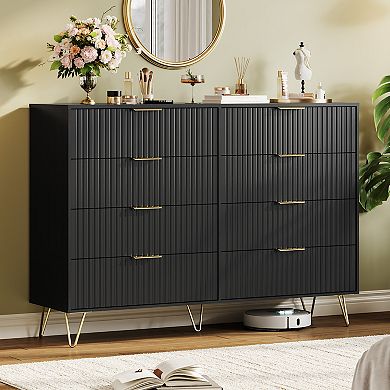 8 Drawer MDF Dresser with Wave Pattern, 140x40x97.5cm, Modern Storage Cabinet for Bedroom Living Roo
