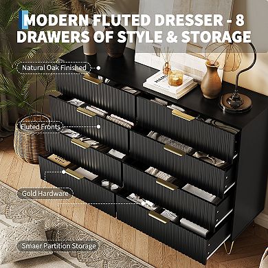 8 Drawer MDF Dresser with Wave Pattern, 140x40x97.5cm, Modern Storage Cabinet for Bedroom Living Roo