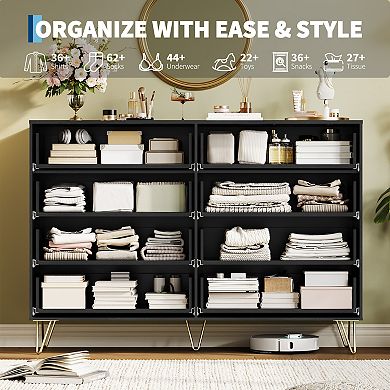 8 Drawer MDF Dresser with Wave Pattern, 140x40x97.5cm, Modern Storage Cabinet for Bedroom Living Roo