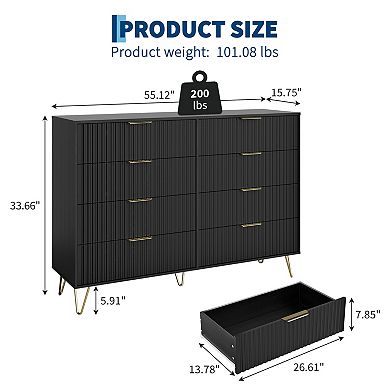8 Drawer MDF Dresser with Wave Pattern, 140x40x97.5cm, Modern Storage Cabinet for Bedroom Living Roo