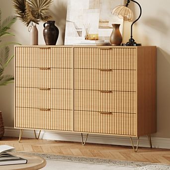 8 Drawer MDF Dresser with Wave Pattern, 140x40x97.5cm, Modern Storage Cabinet for Bedroom Living Roo