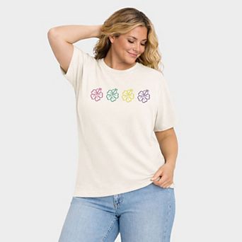 Embroidered Hibiscus Flowers - Women's Plus Sized Garment Dyed Graphic T-Shirt
