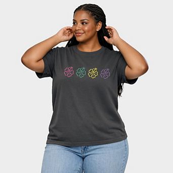 Embroidered Hibiscus Flowers - Women's Plus Sized Garment Dyed Graphic T-Shirt