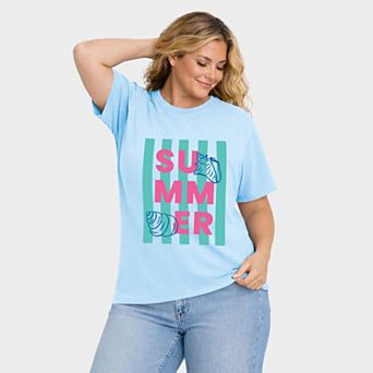 Summer Stripes Seashells - Women's Plus Sized Garment Dyed Graphic T-Shirt