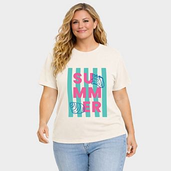 Summer Stripes Seashells - Women's Plus Sized Garment Dyed Graphic T-Shirt