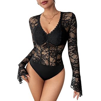 Women's Floral Lace Long Sleeve V Neck Corset Mesh Bodysuit Going Out Slim Fit Tops Jumpsuit