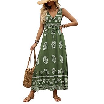 Women's Casual Floral Print Flowy V Neck Sleeveless Bohemian Beach Maxi Dress