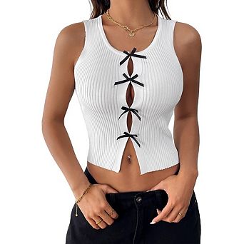 Women's Crochet Knit Vest Tops Sleeveless Bow Tie Vintage Casual Cardigan Sweater Tank Top