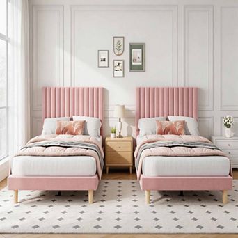 Set of 2 Velvet Platform Beds with Adjustable Channel Tufted Headboard 800 lbs Capacity