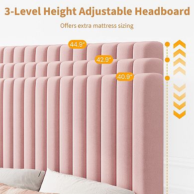 Set of 2 Velvet Platform Beds with Adjustable Channel Tufted Headboard 800 lbs Capacity