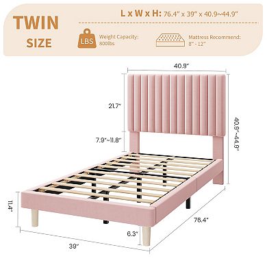 Set of 2 Velvet Platform Beds with Adjustable Channel Tufted Headboard 800 lbs Capacity