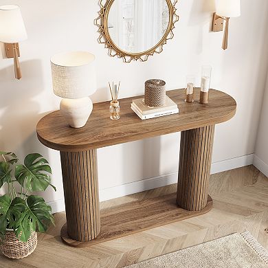 Fluted Wood Console Table 42.5" Narrow Entryway Sofa Table with Storage Shelf