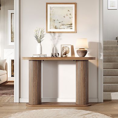 Fluted Wood Console Table 42.5" Narrow Entryway Sofa Table with Storage Shelf