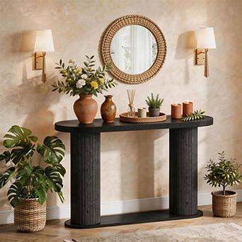 Fluted Wood Console Table 42.5" Narrow Entryway Sofa Table with Storage Shelf