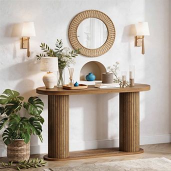 Fluted Wood Console Table 42.5" Narrow Entryway Sofa Table with Storage Shelf