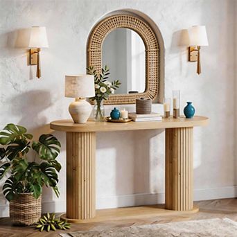 Fluted Wood Console Table 42.5" Narrow Entryway Sofa Table with Storage Shelf