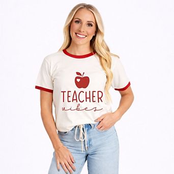 Teacher Vibes Cursive Apple - Women's Ringer Graphic T-Shirt