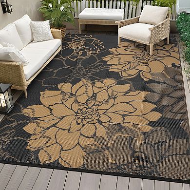 Outdoor Plastic Straw Rug, UV Resistant Floral Style Reversible Patio Area Rugs