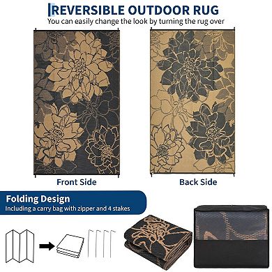 Outdoor Plastic Straw Rug, UV Resistant Floral Style Reversible Patio Area Rugs