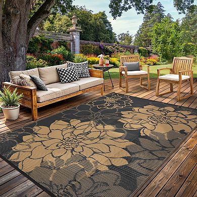 Outdoor Plastic Straw Rug, UV Resistant Floral Style Reversible Patio Area Rugs