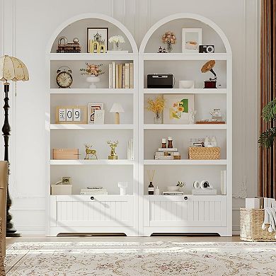 Farmhouse Arched Bookshelf, 6-Tier Freestanding with Drawers & Open Storage for Home Office