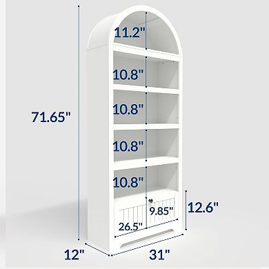 Farmhouse Arched Bookshelf, 6-Tier Freestanding with Drawers & Open Storage for Home Office
