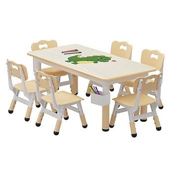 Kids Table and Chair Sets, Height Adjustable Kids Activity Table and 6 Chairs with Wipe