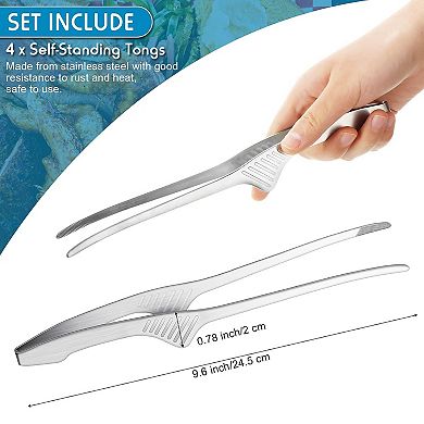 4-Piece Stainless Steel BBQ Tongs Set with Non-Slip Grip & Stand for Cooking, BBQ, Buffet