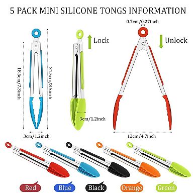 5-Pack 7" Mini Silicone Tongs for Cooking, BBQ, Salad & Serving - Multi-Color