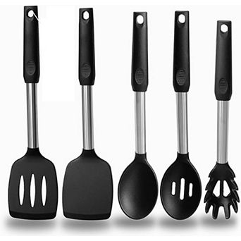 5 pc Silicone Kitchen Utensil Set, Heat-Resistant Spatulas & Spoons, Stainless Steel Handles