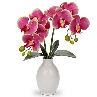 Pink Artificial Orchid Arrangement in Ceramic Vase, 16" Faux Orchid Centerpiece for Indoor Decor