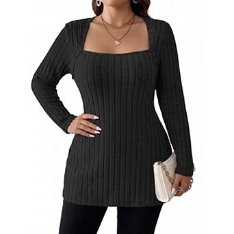 Women's Square Neck Long Sleeve Pullover Sweater Lightweight
