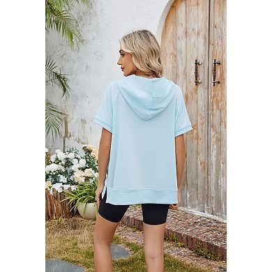 Women's Loose Fit Hooded Short Sleeve Zip Up Pocket Thin Sweatshirt