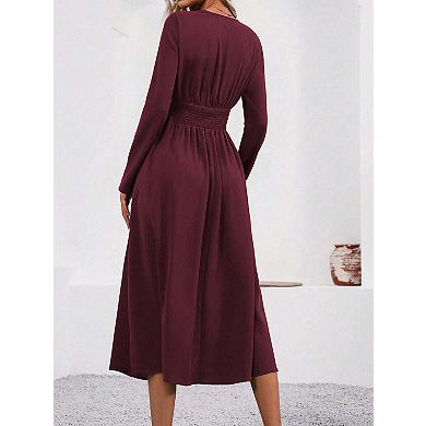 Women's V Neck Long Sleeve Midi Dress Casual Wear